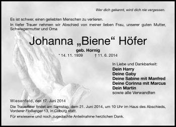 Traueranzeige von Johanna Höfer von Neue Presse Coburg