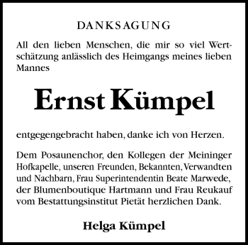 Traueranzeige von Ernst Kümpel von Südthüringer Presse