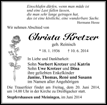 Traueranzeige von Christa Kretzer von Südthüringer Presse