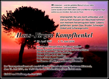 Traueranzeige von Hans-Jürgen Kampfhenkel von Südthüringer Presse