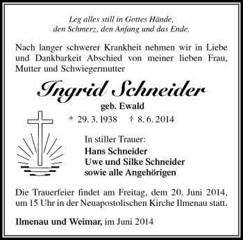 Traueranzeige von Ingrid Schneider von Südthüringer Presse