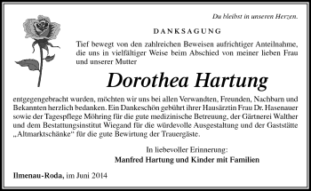 Traueranzeige von Dorothea Hartung von Südthüringer Presse