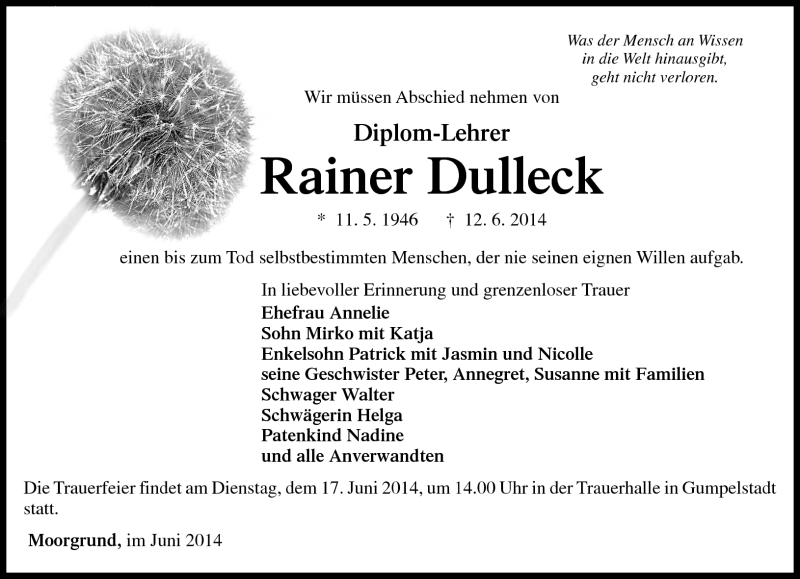  Traueranzeige für Rainer Dulleck vom 14.06.2014 aus Südthüringer Presse
