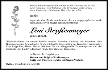 Traueranzeige von Leni Straßenmeyer von Südthüringer Presse