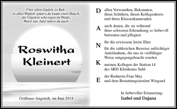 Traueranzeige von Roswitha Kleinert von Südthüringer Presse