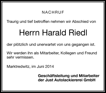 Traueranzeige von Harald Riedl von Frankenpost