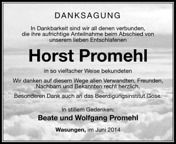 Traueranzeige von Horst Promehl von Südthüringer Presse