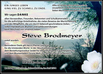 Traueranzeige von Steve Brodmeyer von Südthüringer Presse