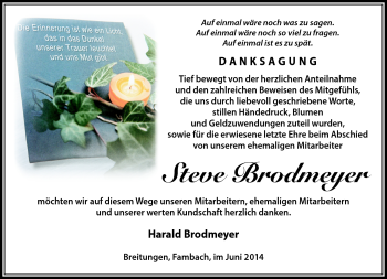 Traueranzeige von Steve Brodmeyer von Südthüringer Presse