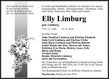 Traueranzeige von Elly Limburg von Südthüringer Presse
