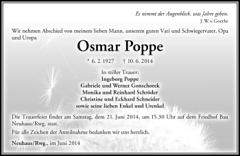 Traueranzeige von Osmar Poppe von Südthüringer Presse