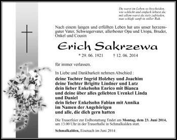 Traueranzeige von Erich Sakrzewa von Südthüringer Presse