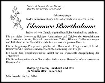 Traueranzeige von Eleonore Bartholome von Südthüringer Presse