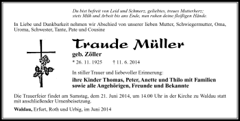 Traueranzeige von Traude Müller von Südthüringer Presse