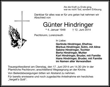 Traueranzeige von Günter Hindringer von Frankenpost