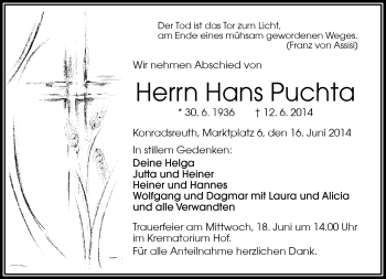 Traueranzeige von Hans Puchta von Frankenpost