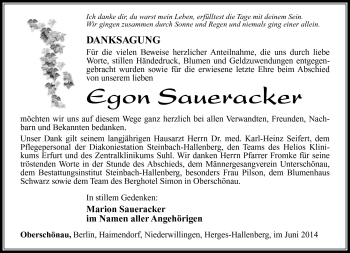 Traueranzeige von Egon Saueracker von Südthüringer Presse