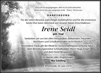 Traueranzeige von Irene Seidl von Südthüringer Presse