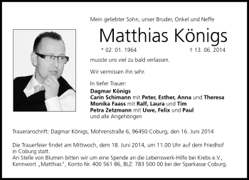 Traueranzeige von Matthias Königs von Neue Presse Coburg
