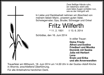 Traueranzeige von Fritz Wilferth von Frankenpost