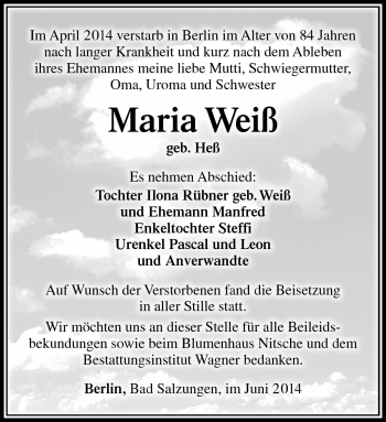Traueranzeige von Maria Weiß von Südthüringer Presse