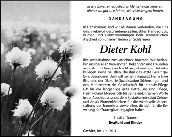 Traueranzeige von Dieter Kohl von Südthüringer Presse