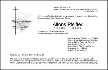 Traueranzeige von Alfons Pfeiffer von Neue Presse Coburg