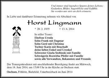 Traueranzeige von Horst Lingmann von Südthüringer Presse