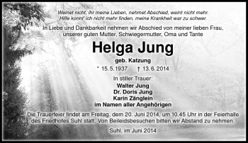 Traueranzeige von Helga Jung von Südthüringer Presse