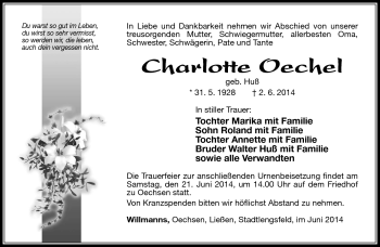 Traueranzeige von Charlotte Oechel von Südthüringer Presse