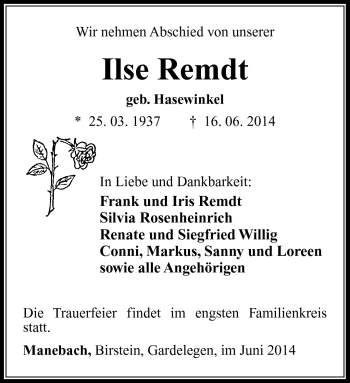Traueranzeige von Ilse Rempt von Südthüringer Presse