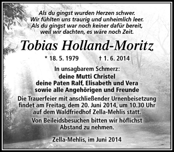 Traueranzeige von Tobias Holland-Moritz von Südthüringer Presse