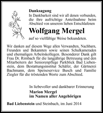Traueranzeige von Wolfgang Mergel von Südthüringer Presse