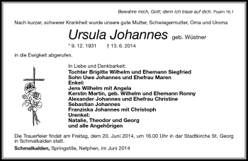 Traueranzeige von Ursula Johannes von Südthüringer Presse