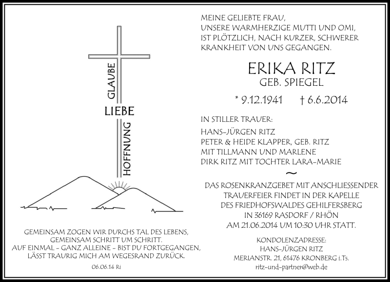  Traueranzeige für Erika Ritz vom 17.06.2014 aus Südthüringer Presse