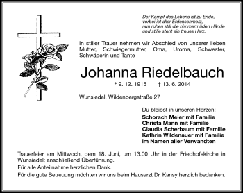 Traueranzeige von Johanna Riedelbauch von Frankenpost