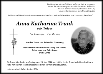 Traueranzeige von Anna Katharina Trunk von Südthüringer Presse