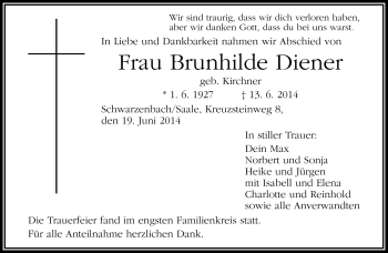 Traueranzeige von Brunhilde Diener von Frankenpost