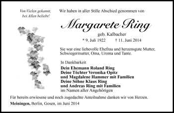 Traueranzeige von Margarete Ring von Südthüringer Presse