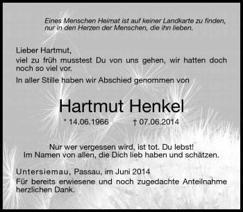 Traueranzeige von Hartmut Henkel von Neue Presse Coburg