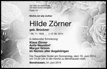 Traueranzeige von Hilde Zörner von Südthüringer Presse
