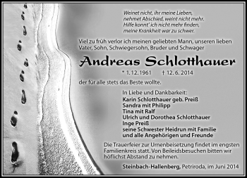 Traueranzeige von Andreas Schlotthauer von Südthüringer Presse