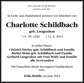 Traueranzeige von Charlotte Schildbach von Südthüringer Presse