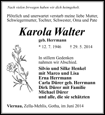 Traueranzeige von Karola Walter von Südthüringer Presse