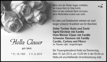 Traueranzeige von Hella Clauder von Südthüringer Presse