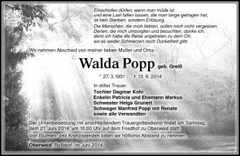 Traueranzeige von Walda Popp von Südthüringer Presse