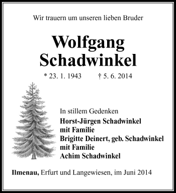 Traueranzeige von Wolfgang Schadwinkel von Südthüringer Presse