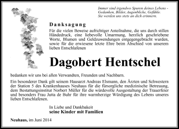 Traueranzeige von Dagobert Hentschel von Südthüringer Presse