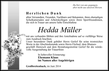 Traueranzeige von Hedda Müller von Südthüringer Presse