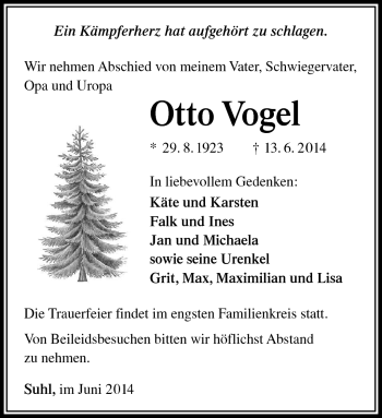 Traueranzeige von Otto Vogel von Südthüringer Presse